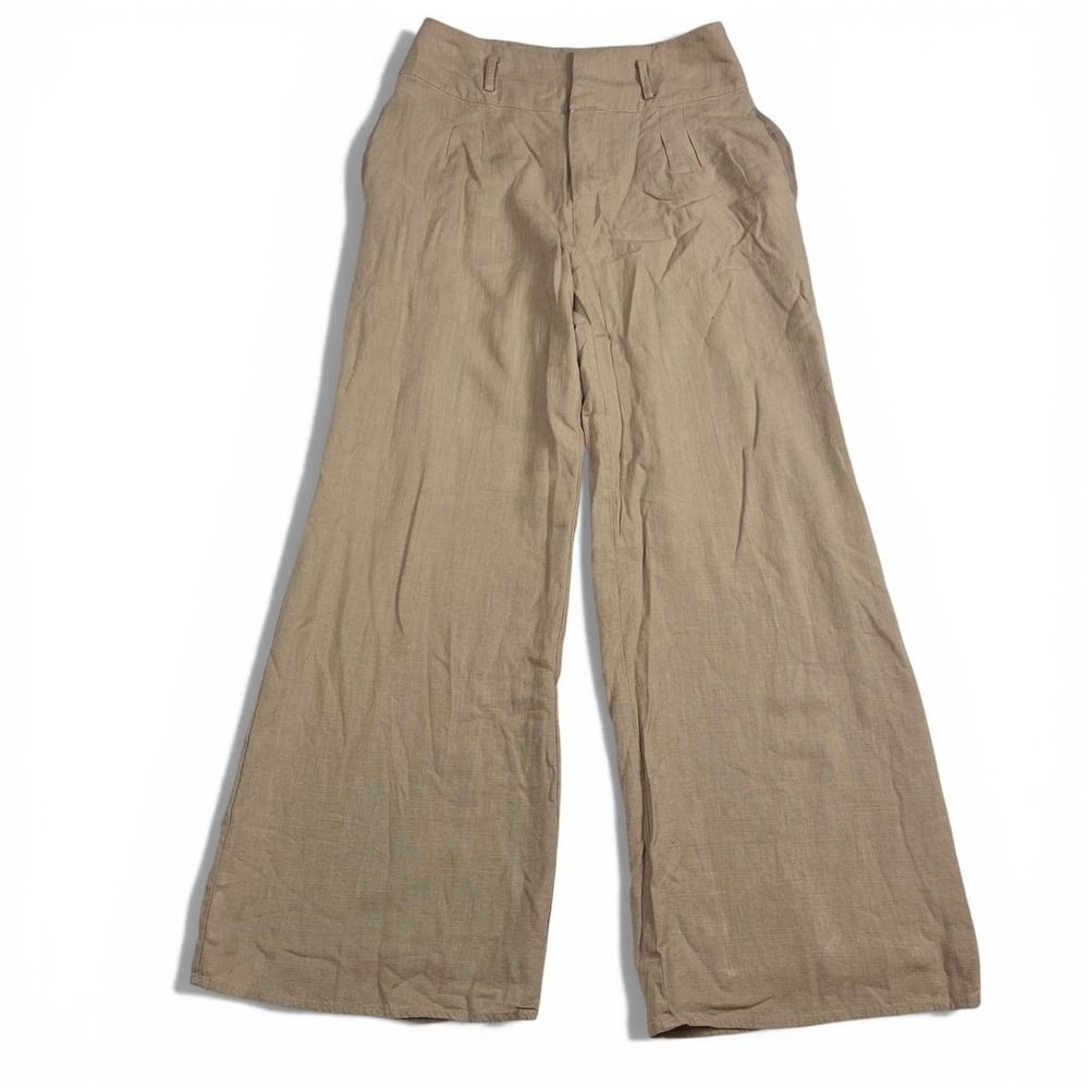 Aakaa‎ S Beige Rayon Linen Blend Wide Leg Pants Clean Girl Coastal Grandma